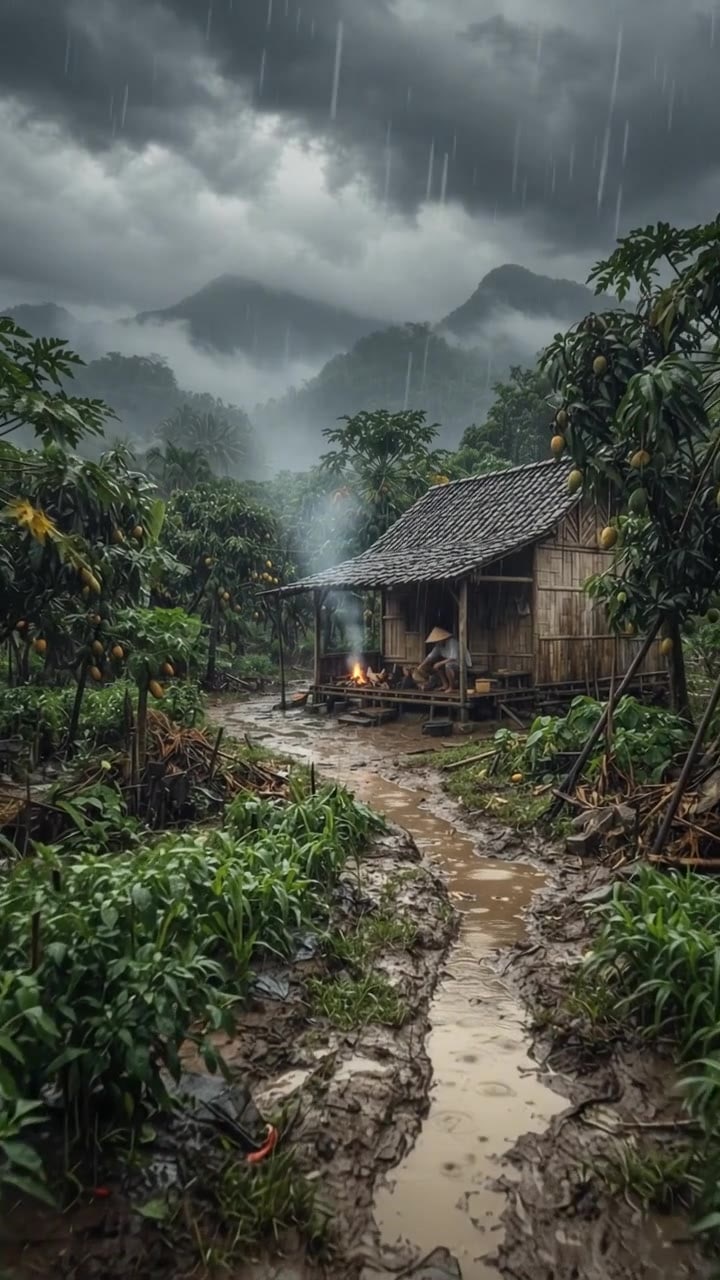 Alone in a Rainstorm 🌧️🏚️ | Java Farm Cabin