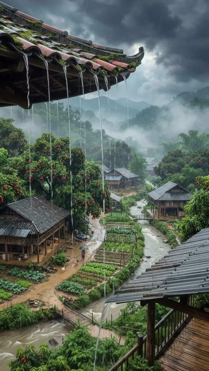 Rooftop View of a Rainy Village in Vietnam 🏡🌧️🇻🇳