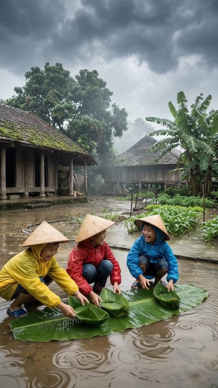 Floating Banana Leaf Boats in a Flooded Village – Pure Joy ☔