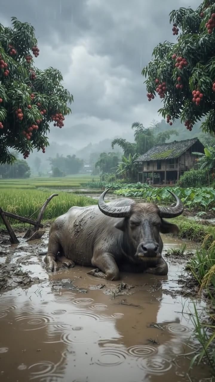 A Water Buffalo Resting in the Rain – Vietnam's Soul 🐃🌧️🇻🇳